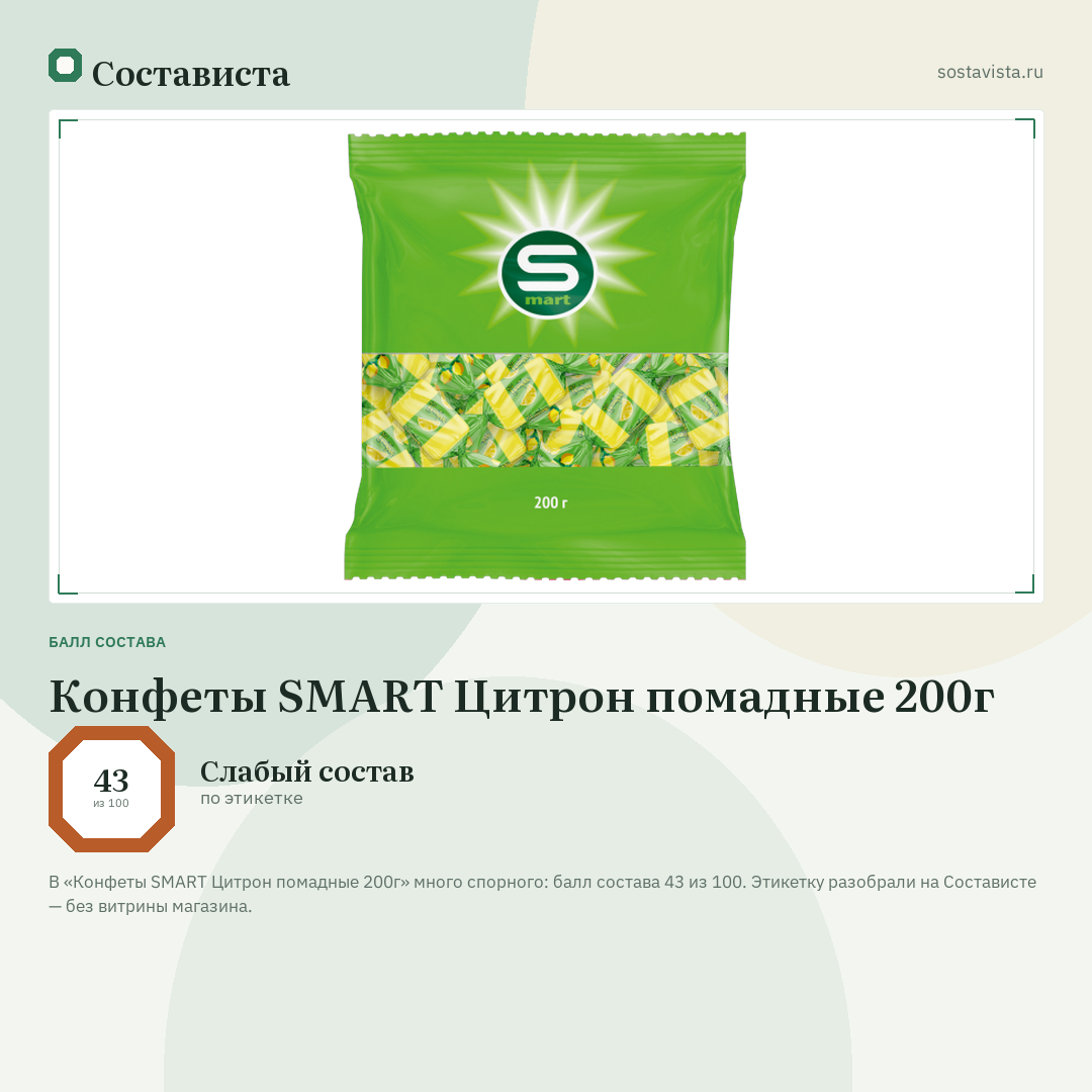 Конфеты SMART Цитрон помадные 200г: балл состава 43 из 100 — Состависта