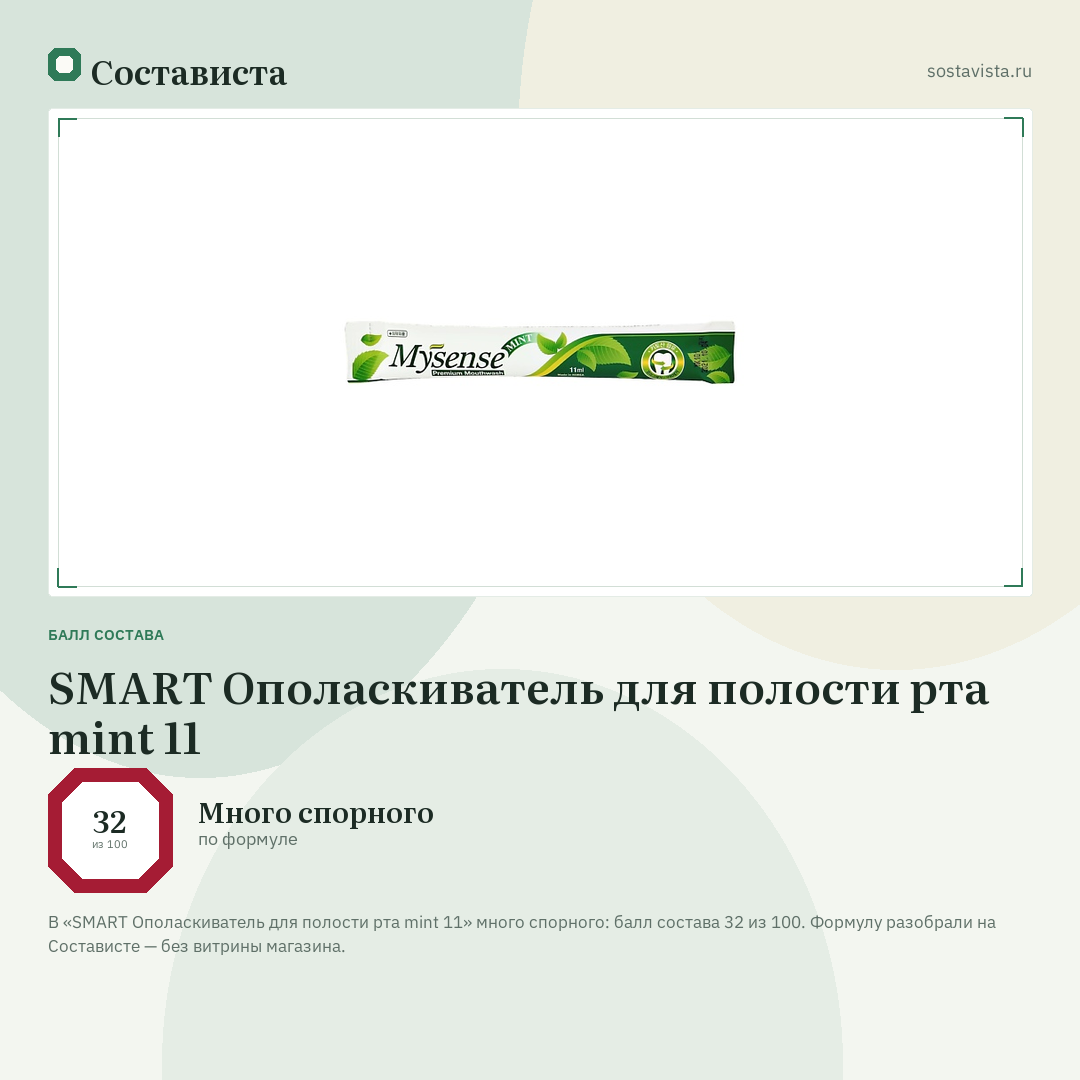 SMART Ополаскиватель для полости рта mint 11: балл состава 32 из 100 — Состависта