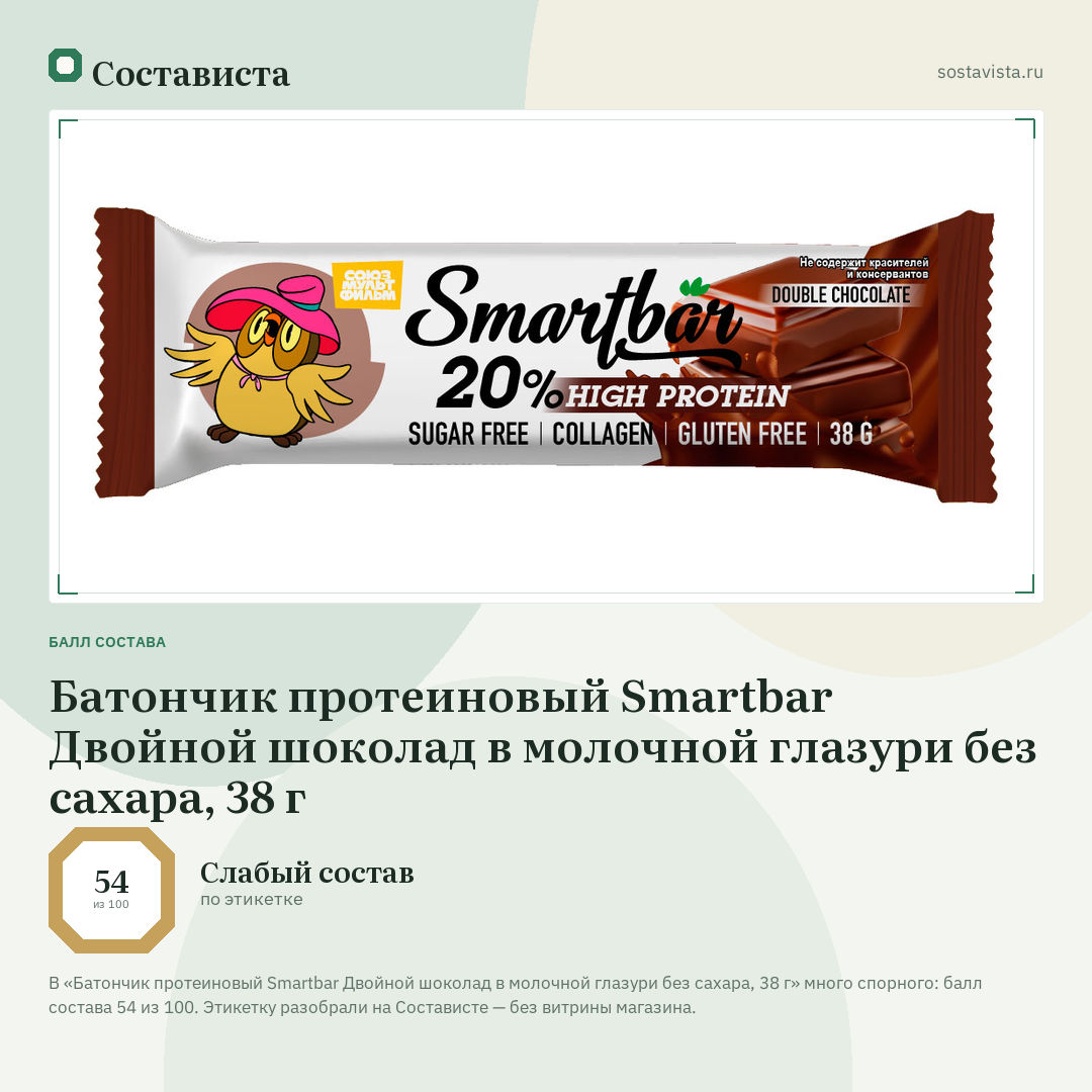 Батончик протеиновый Smartbar Двойной шоколад в молочной глазури без сахара, 38 г: балл состава 54 из 100 — Состависта