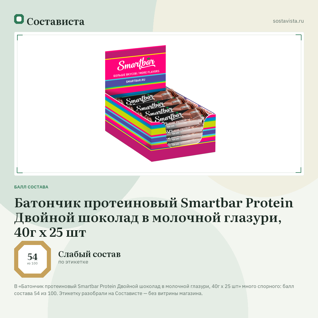 Батончик протеиновый Smartbar Protein Двойной шоколад в молочной глазури, 40г x 25 шт: балл состава 54 из 100 — Состависта