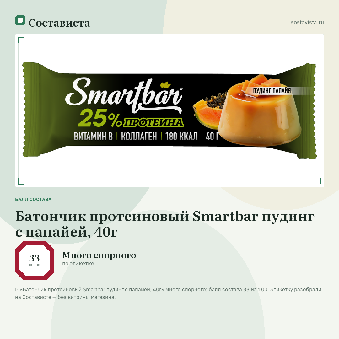 Батончик протеиновый Smartbar пудинг с папайей, 40г: балл состава 33 из 100 — Состависта