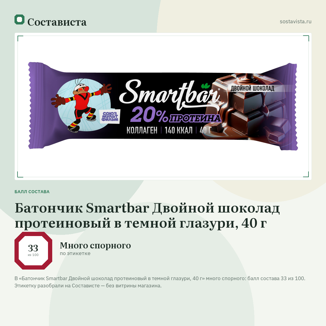 Батончик Smartbar Двойной шоколад протеиновый в темной глазури, 40 г: балл состава 33 из 100 — Состависта