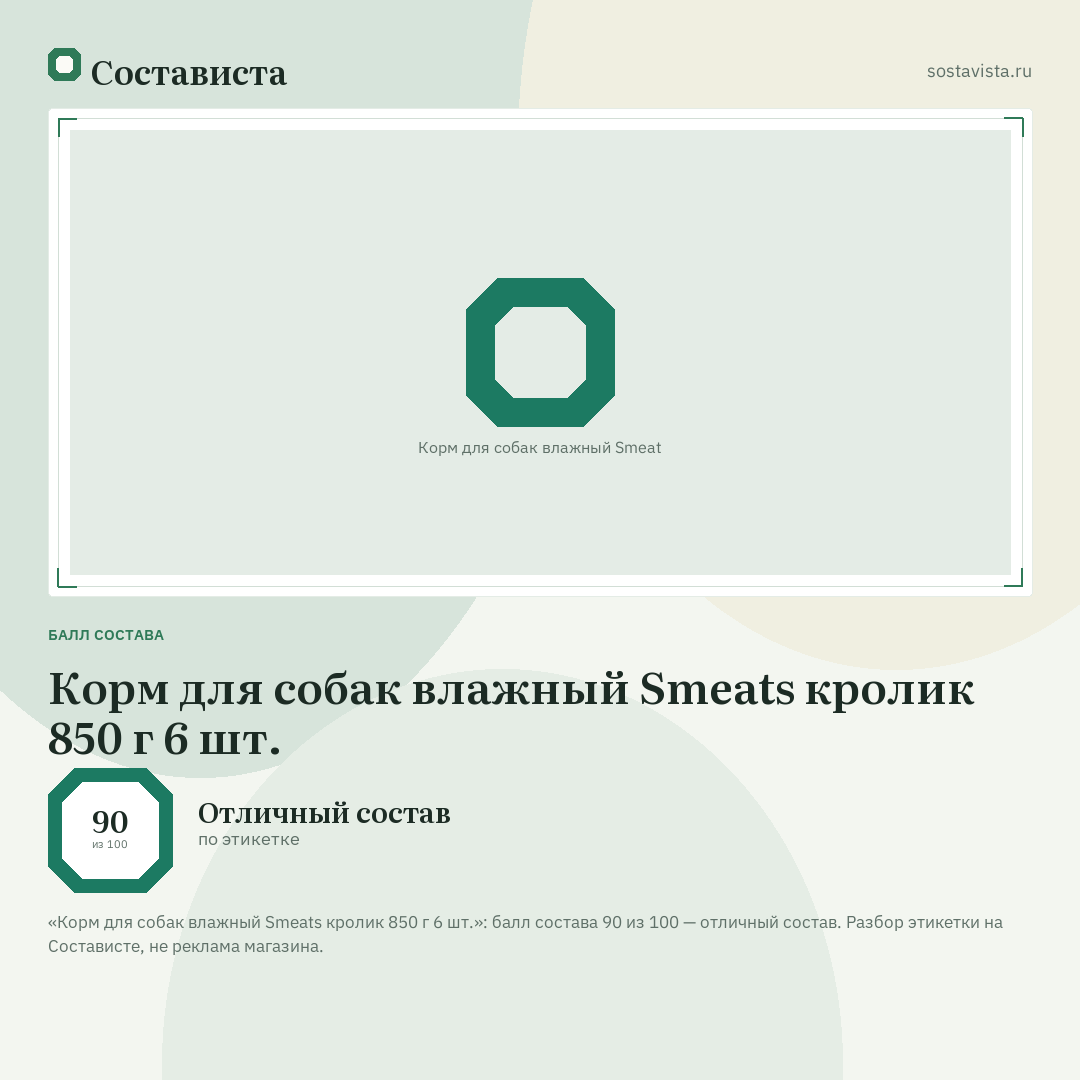 Корм для собак влажный Smeats кролик 850 г 6 шт.: балл состава 90 из 100 — Состависта