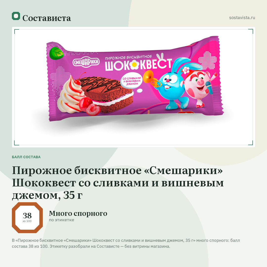 Пирожное бисквитное «Смешарики» Шококвест со сливками и вишневым джемом, 35 г: балл состава 38 из 100 — Состависта