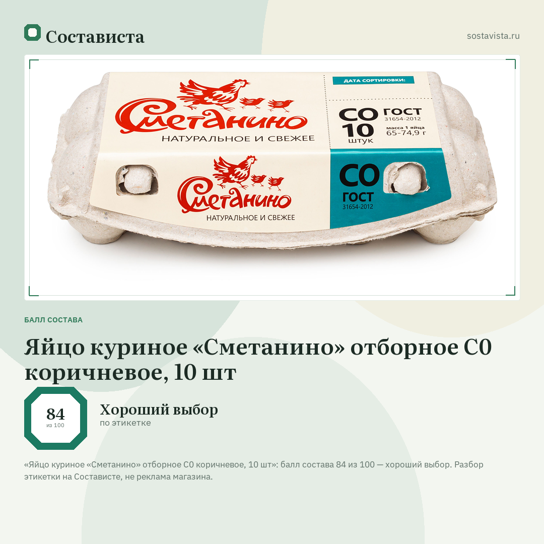 Яйцо куриное «Сметанино» отборное С0 коричневое, 10 шт: балл состава 84 из 100 — Состависта