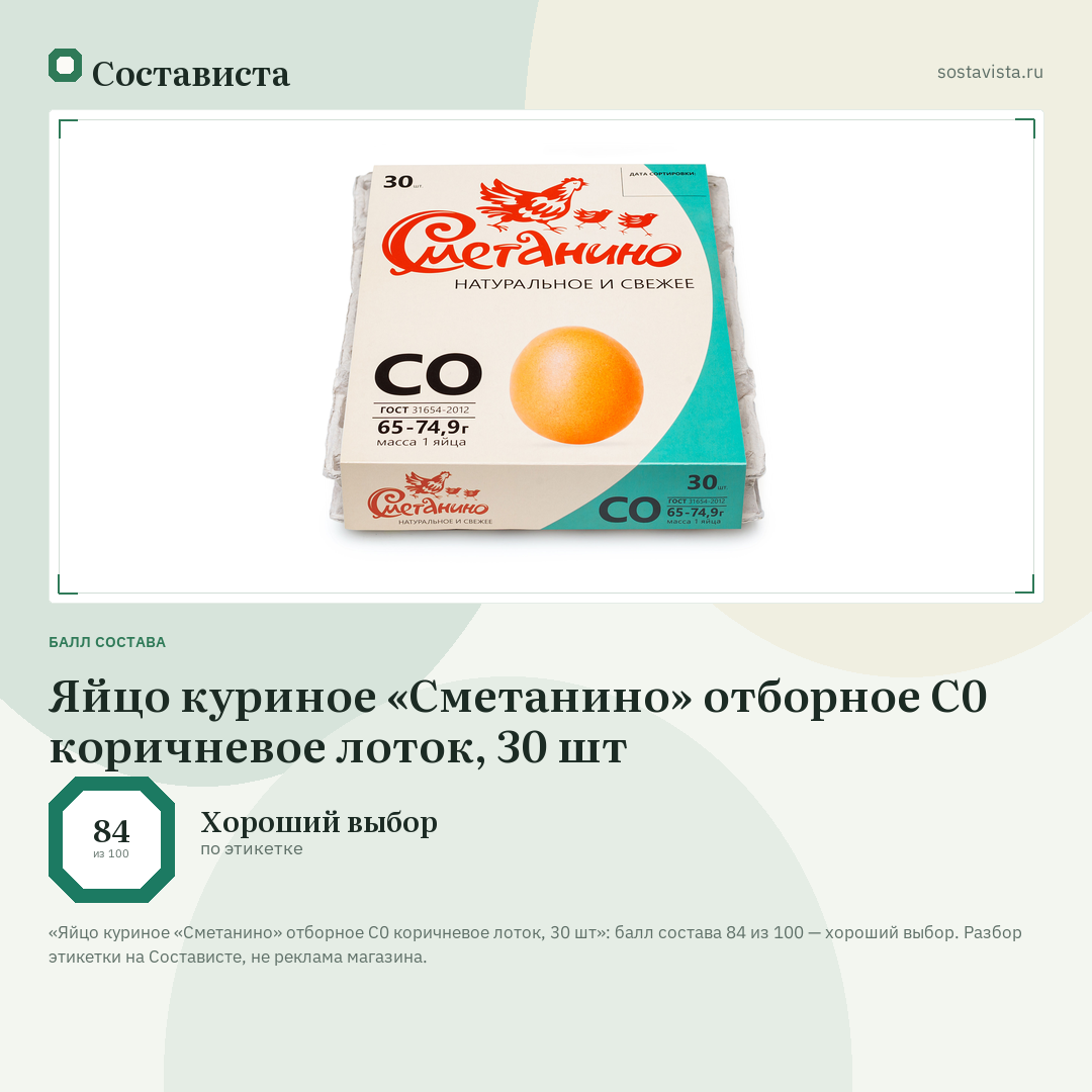 Яйцо куриное «Сметанино» отборное С0 коричневое лоток, 30 шт: балл состава 84 из 100 — Состависта