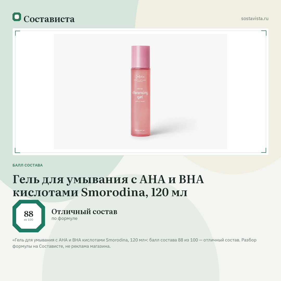 Гель для умывания с AHA и BHA кислотами Smorodina, 120 мл: балл состава 88 из 100 — Состависта