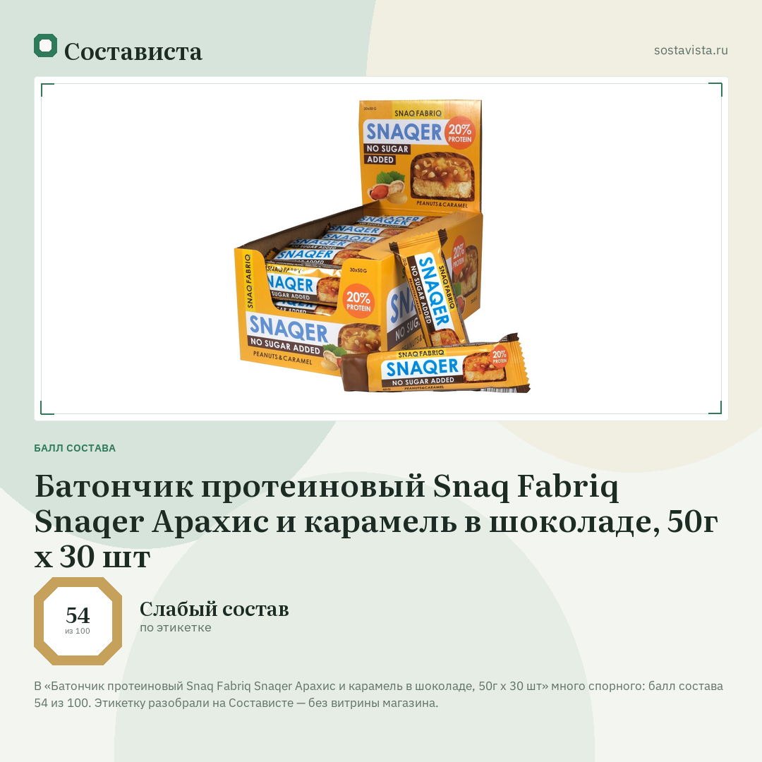 Батончик протеиновый Snaq Fabriq Snaqer Арахис и карамель в шоколаде, 50г x 30 шт: балл состава 54 из 100 — Состависта