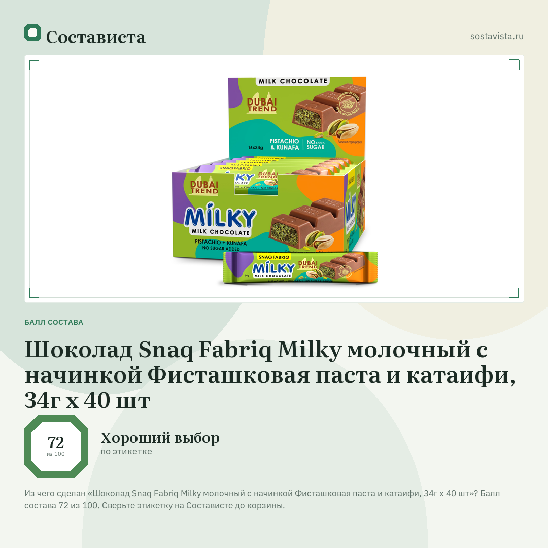 Шоколад Snaq Fabriq Milky молочный с начинкой Фисташковая паста и катаифи, 34г x 40 шт: балл состава 72 из 100 — Состависта