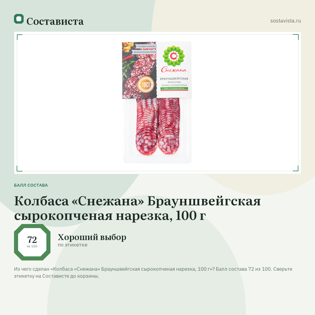 Колбаса «Снежана» Брауншвейгская сырокопченая нарезка, 100 г: балл состава 72 из 100 — Состависта