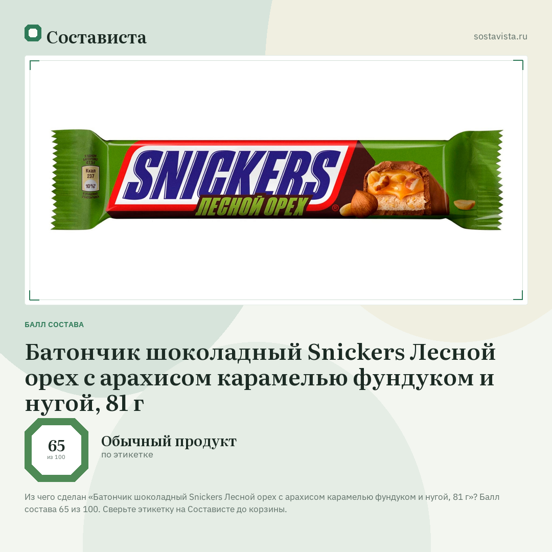 Батончик шоколадный Snickers Лесной орех с арахисом карамелью фундуком и нугой, 81 г: балл состава 65 из 100 — Состависта