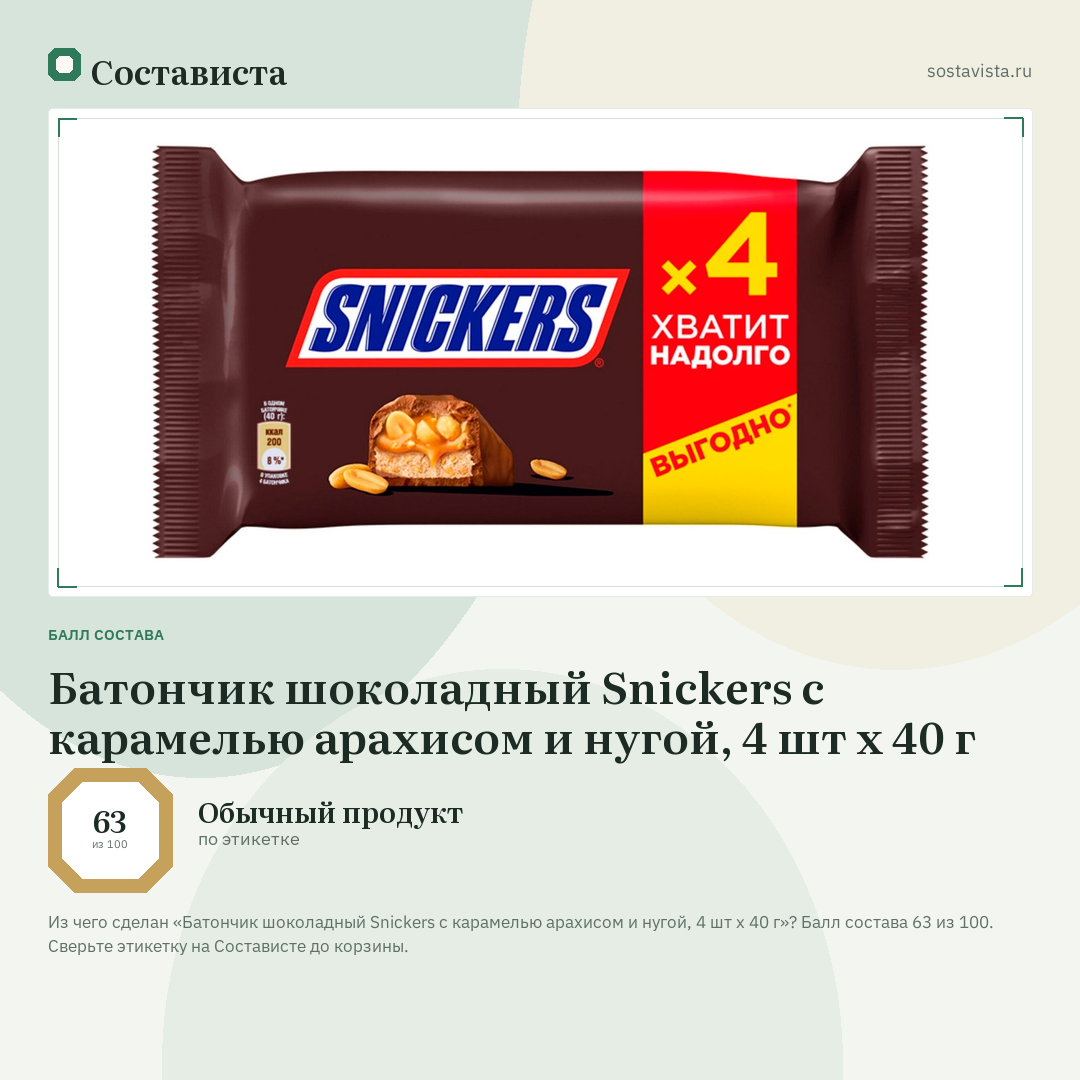 Батончик шоколадный Snickers с карамелью арахисом и нугой, 4 шт x 40 г: балл состава 63 из 100 — Состависта