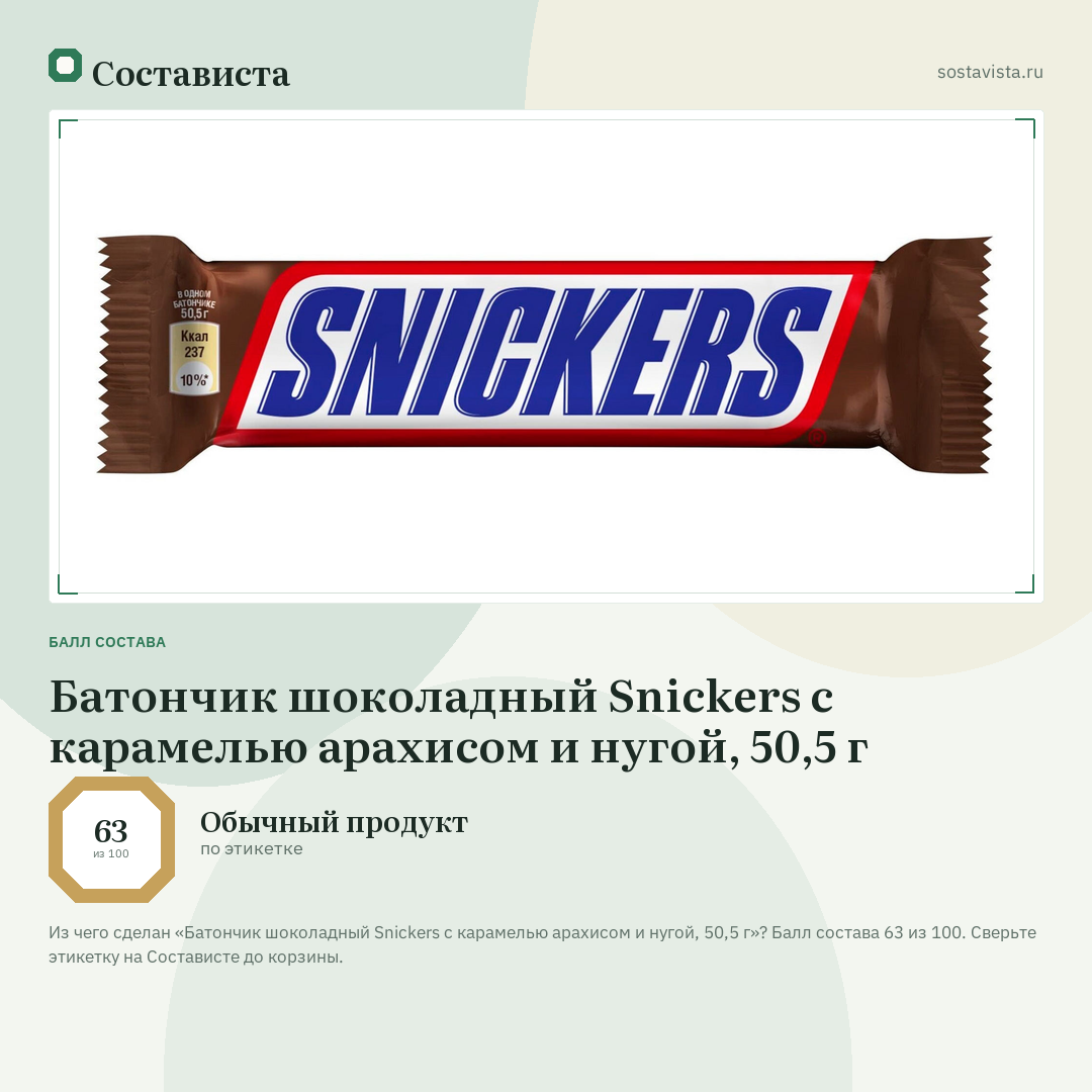 Батончик шоколадный Snickers с карамелью арахисом и нугой, 50,5 г: балл состава 63 из 100 — Состависта