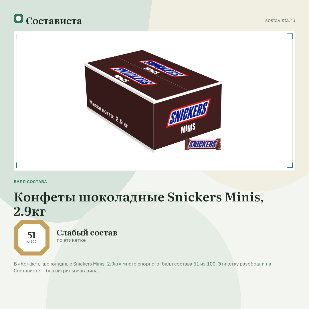 Конфеты шоколадные Snickers Minis, 2.9кг: балл состава 51 из 100 — Состависта