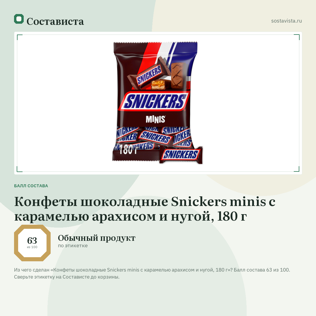 Конфеты шоколадные Snickers minis с карамелью арахисом и нугой, 180 г: балл состава 63 из 100 — Состависта