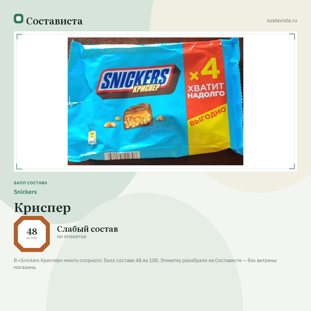 Snickers Криспер: балл состава 48 из 100 — Состависта