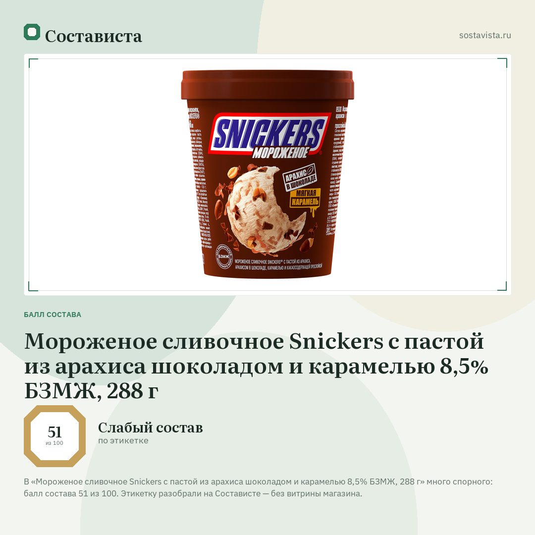 Мороженое сливочное Snickers с пастой из арахиса шоколадом и карамелью 8,5% БЗМЖ, 288 г: балл состава 51 из 100 — Состависта