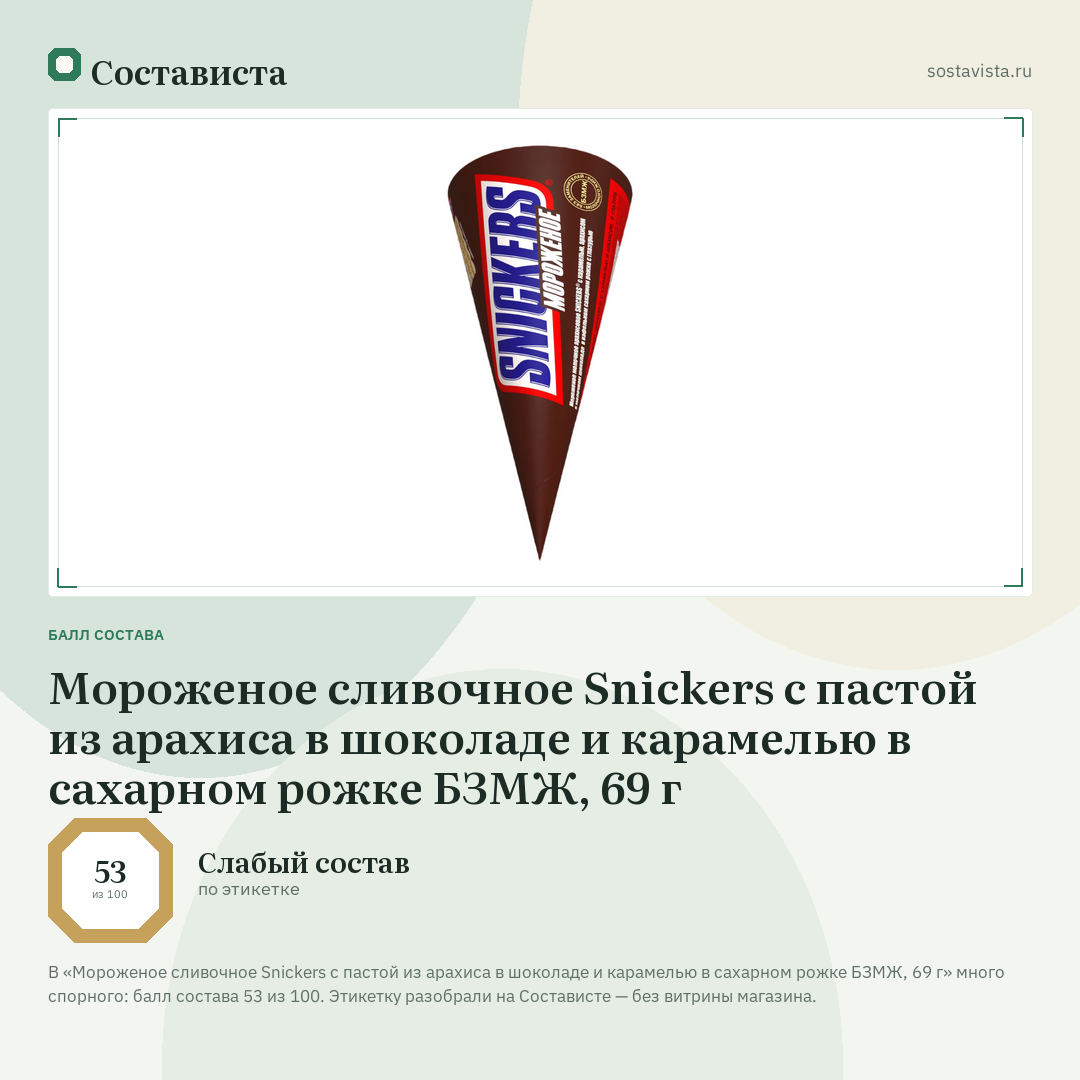 Мороженое сливочное Snickers с пастой из арахиса в шоколаде и карамелью в сахарном рожке БЗМЖ, 69 г: балл состава 53 из 100 — Состависта