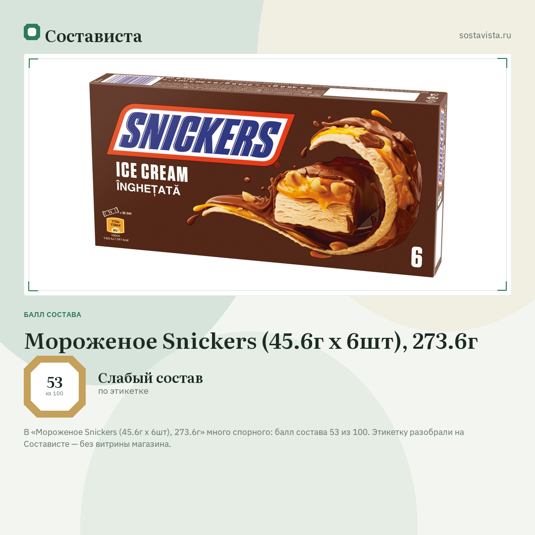 Мороженое Snickers (45.6г x 6шт), 273.6г: балл состава 53 из 100 — Состависта
