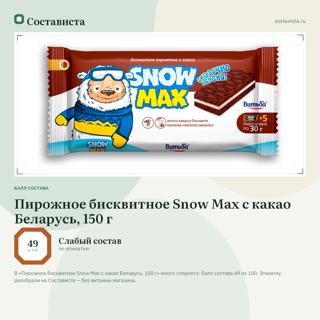 Пирожное бисквитное Snow Max с какао Беларусь, 150 г: балл состава 49 из 100 — Состависта