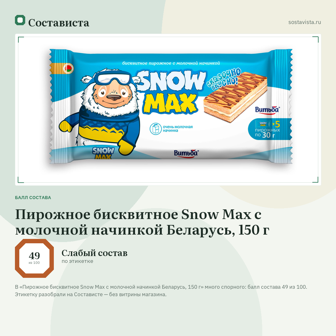 Пирожное бисквитное Snow Max с молочной начинкой Беларусь, 150 г: балл состава 49 из 100 — Состависта