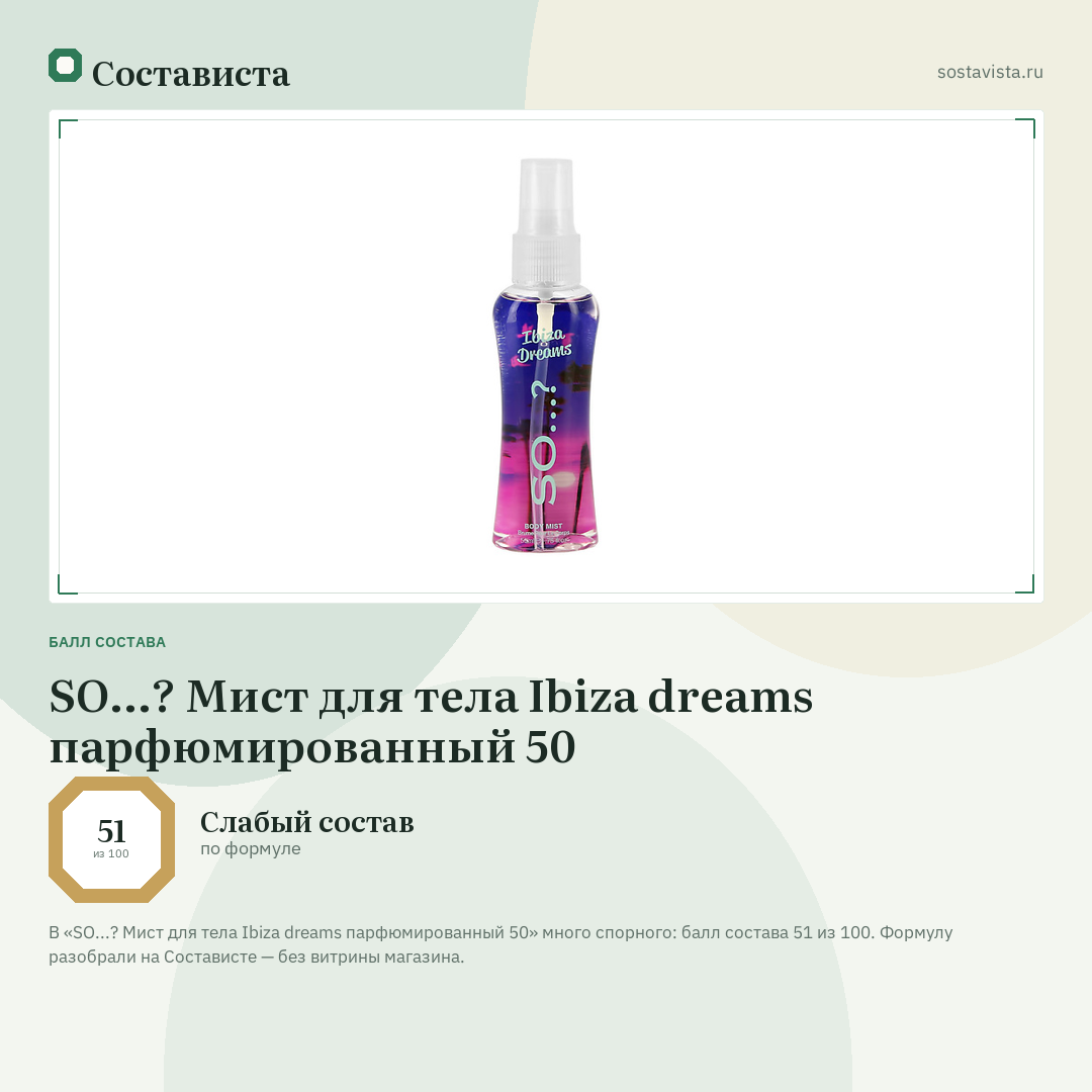 SO...? Мист для тела Ibiza dreams парфюмированный 50: балл состава 51 из 100 — Состависта