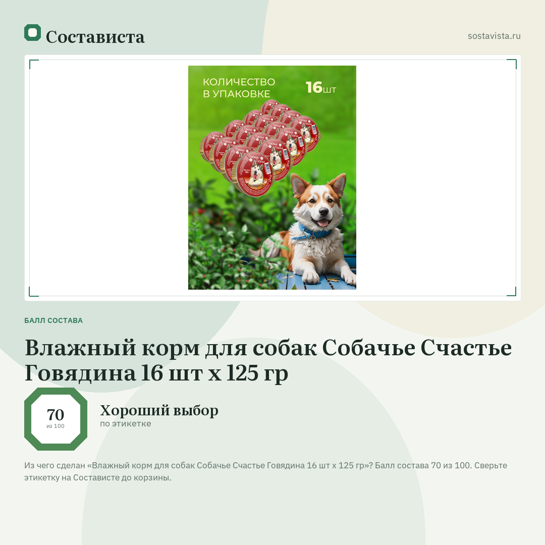 Влажный корм для собак Собачье Счастье Говядина 16 шт х 125 гр: балл состава 70 из 100 — Состависта