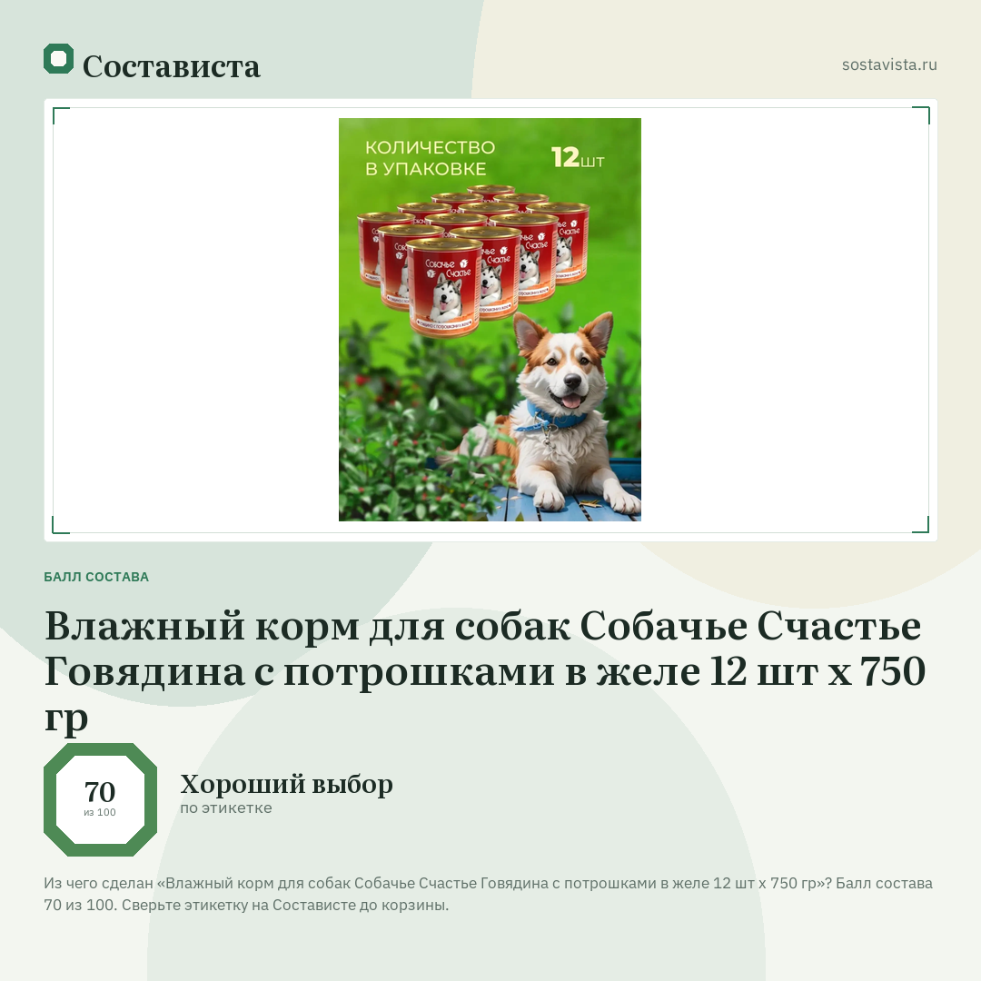 Влажный корм для собак Собачье Счастье Говядина с потрошками в желе 12 шт х 750 гр: балл состава 70 из 100 — Состависта
