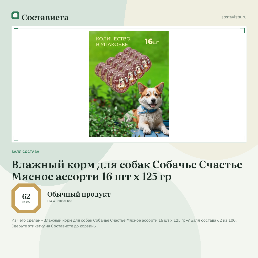 Влажный корм для собак Собачье Счастье Мясное ассорти 16 шт х 125 гр: балл состава 62 из 100 — Состависта