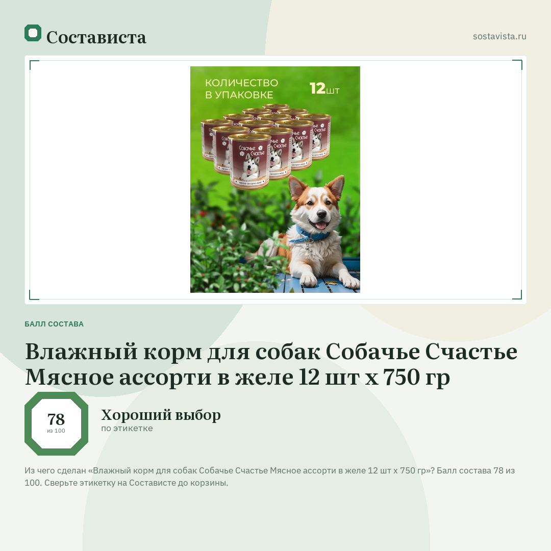 Влажный корм для собак Собачье Счастье Мясное ассорти в желе 12 шт х 750 гр: балл состава 78 из 100 — Состависта