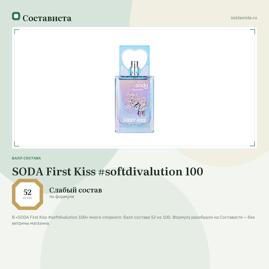 SODA First Kiss #softdivalution 100: балл состава 52 из 100 — Состависта