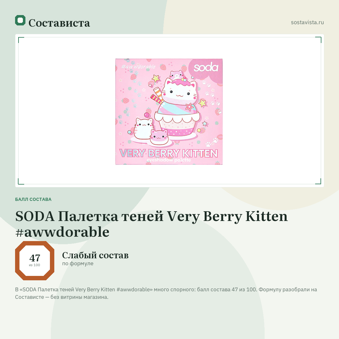 SODA Палетка теней Very Berry Kitten #awwdorable: балл состава 47 из 100 — Состависта