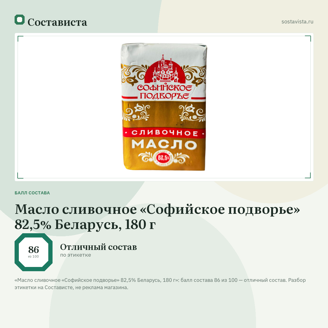 Масло сливочное «Софийское подворье» 82,5% Беларусь, 180 г: балл состава 86 из 100 — Состависта