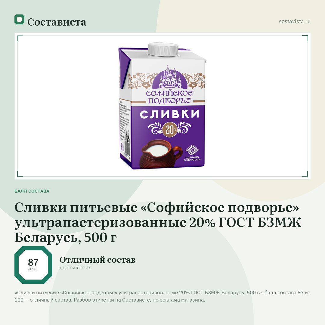 Сливки питьевые «Софийское подворье» ультрапастеризованные 20% ГОСТ БЗМЖ Беларусь, 500 г: балл состава 87 из 100 — Состависта