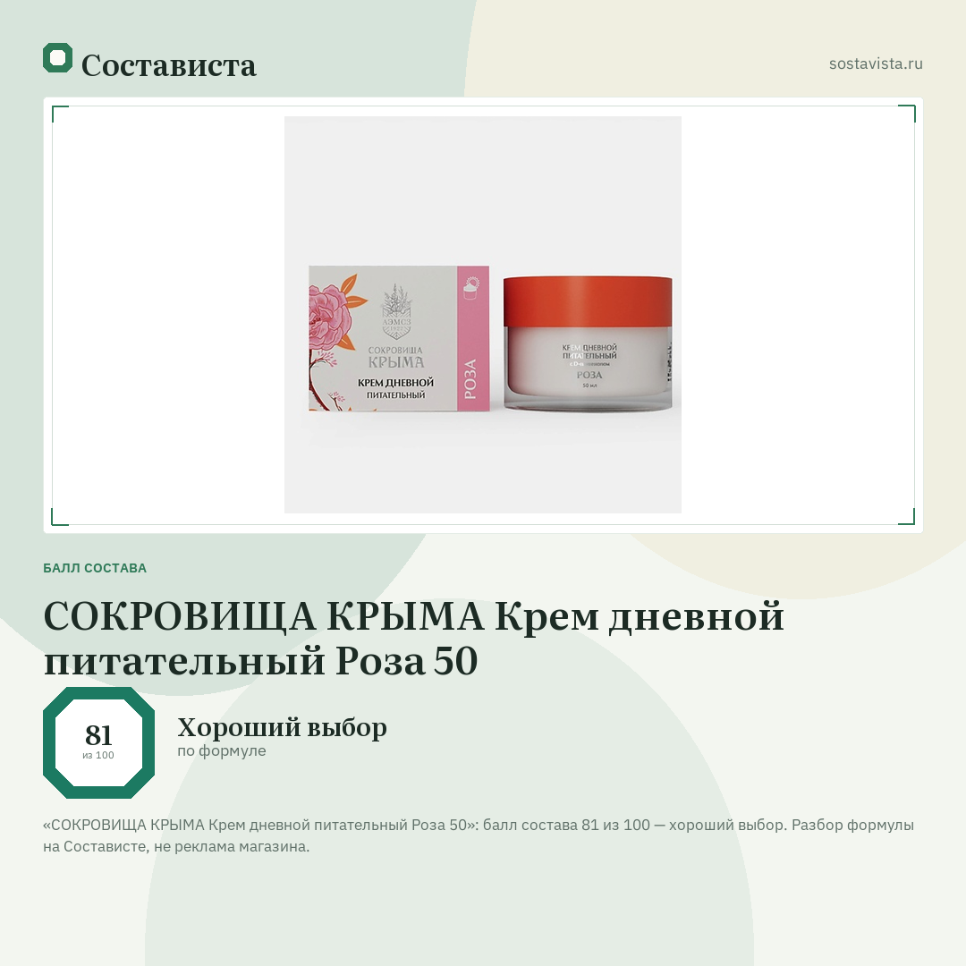 СОКРОВИЩА КРЫМА Крем дневной питательный Роза 50: балл состава 81 из 100 — Состависта