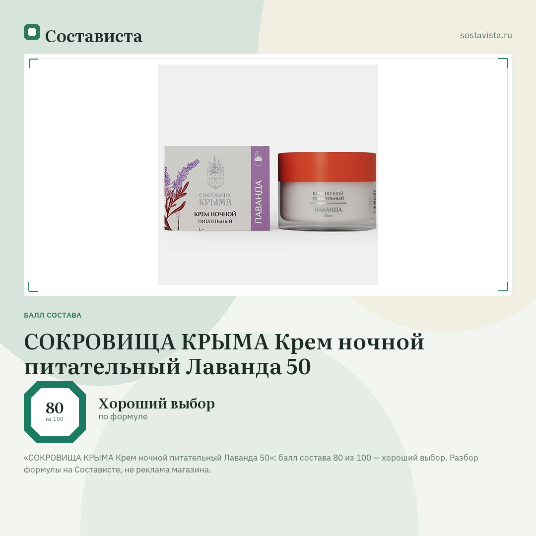 СОКРОВИЩА КРЫМА Крем ночной питательный Лаванда 50: балл состава 80 из 100 — Состависта