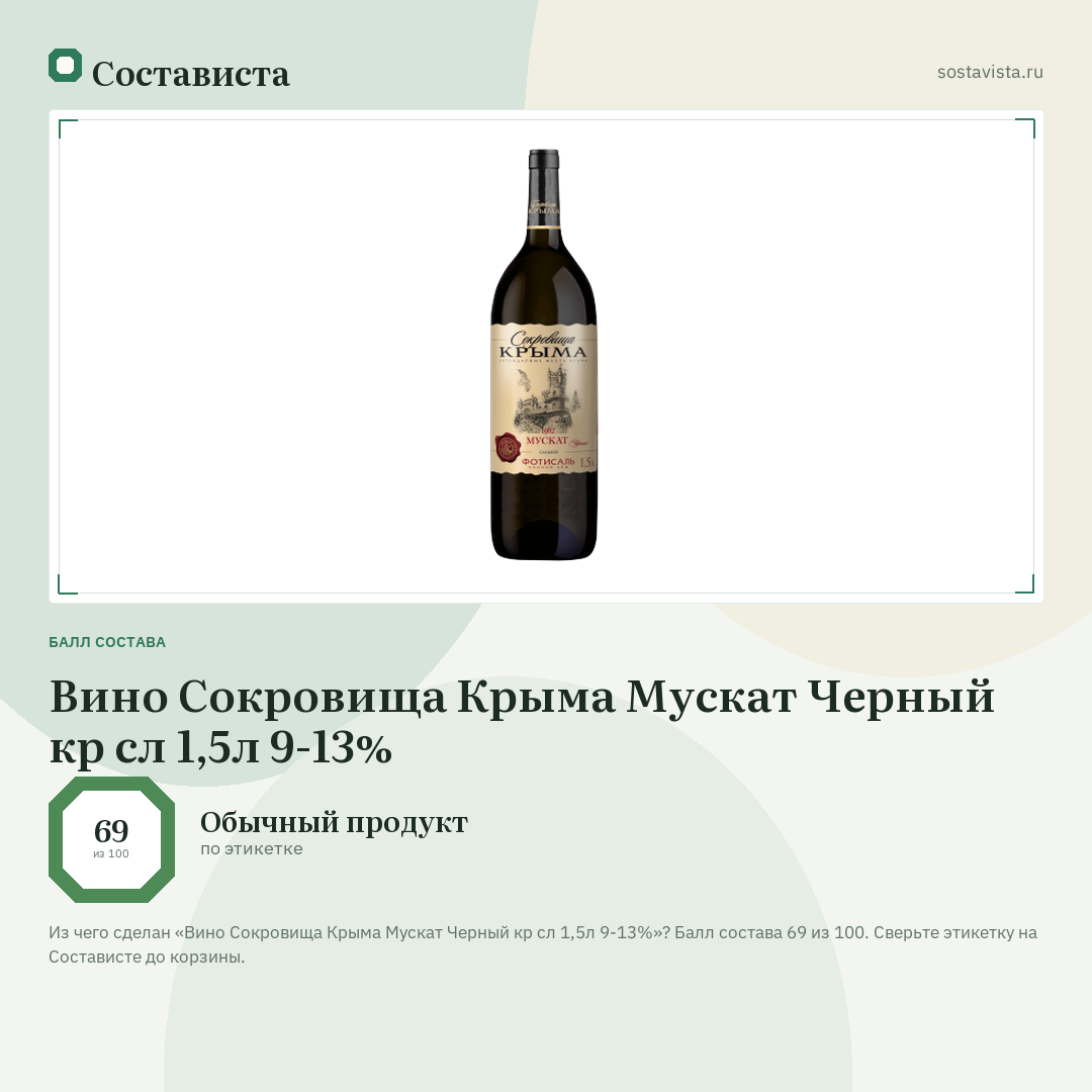 Вино Сокровища Крыма Мускат Черный кр сл 1,5л 9-13%: балл состава 69 из 100 — Состависта