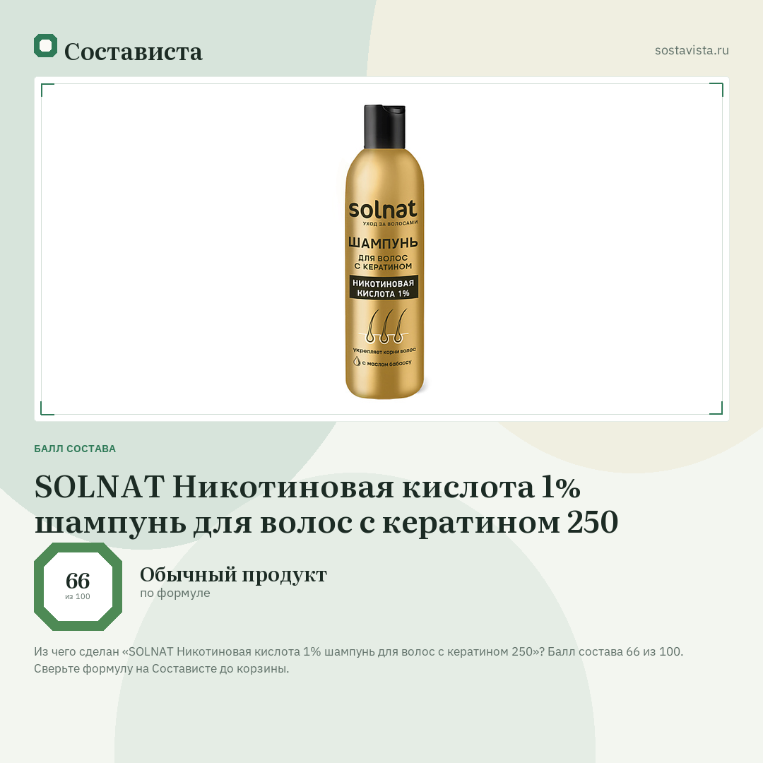 SOLNAT Никотиновая кислота 1% шампунь для волос с кератином 250: балл состава 66 из 100 — Состависта