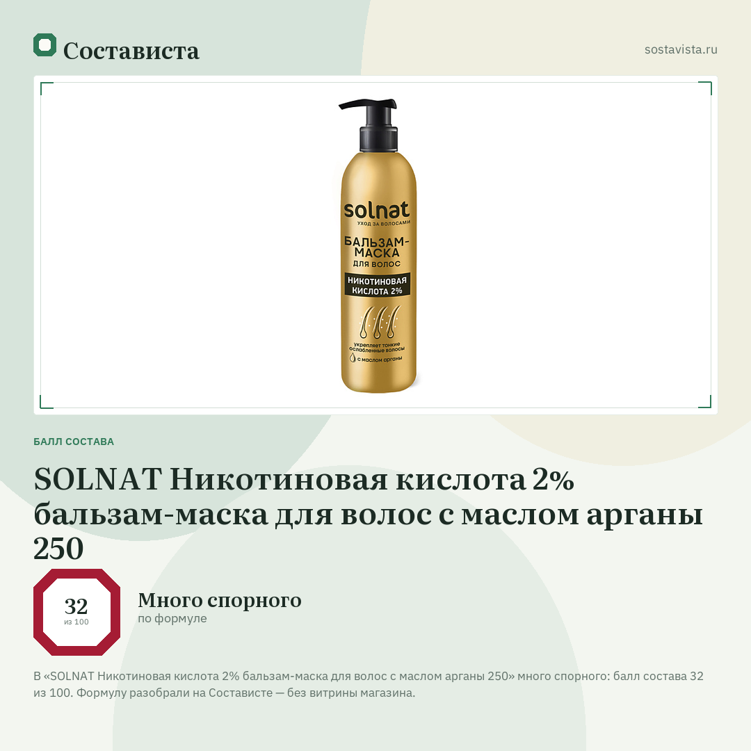 SOLNAT Никотиновая кислота 2% бальзам-маска для волос с маслом арганы 250: балл состава 32 из 100 — Состависта