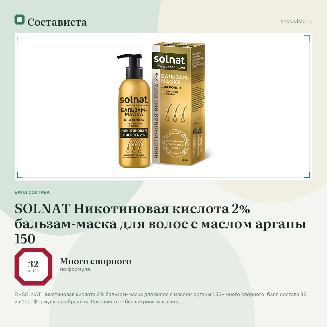 SOLNAT Никотиновая кислота 2% бальзам-маска для волос с маслом арганы 150: балл состава 32 из 100 — Состависта