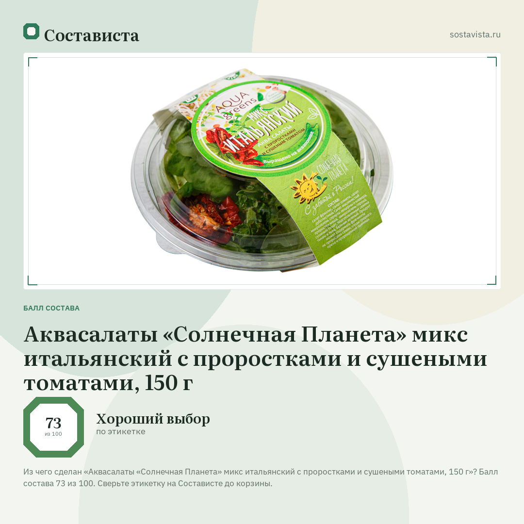 Аквасалаты «Солнечная Планета» микс итальянский с проростками и сушеными томатами, 150 г: балл состава 73 из 100 — Состависта
