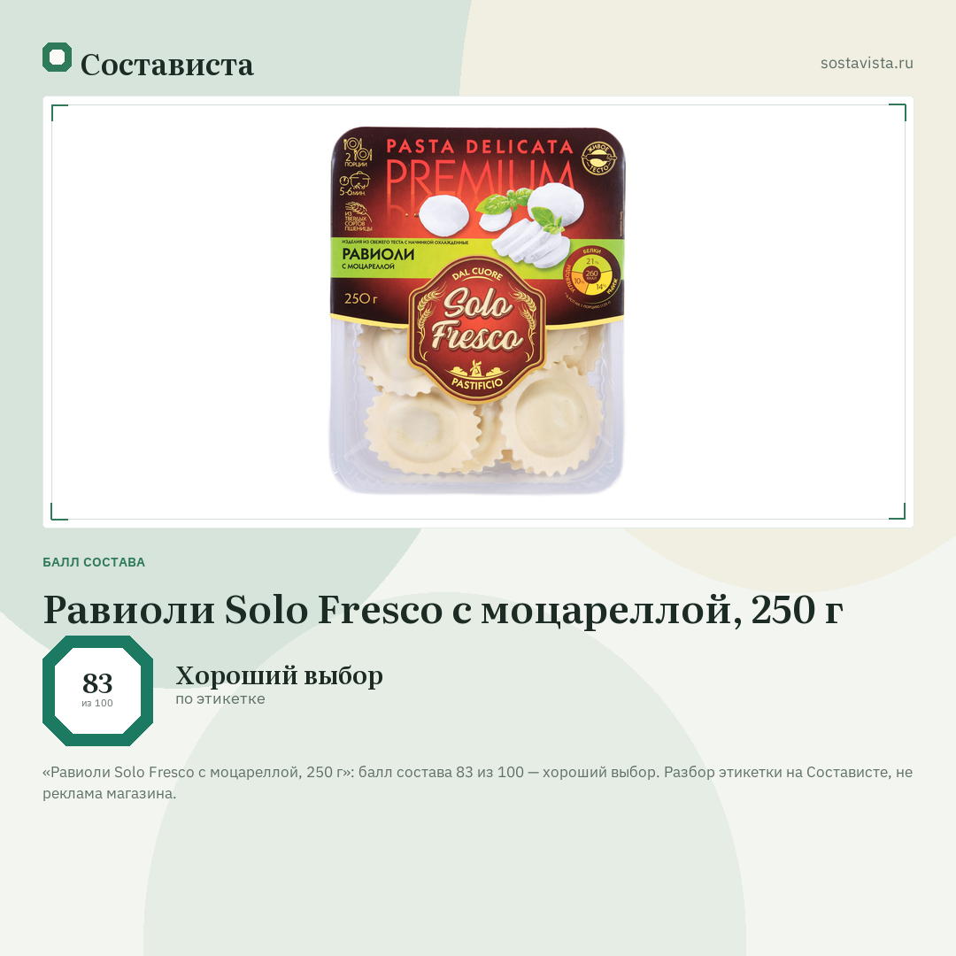 Равиоли Solo Fresco с моцареллой, 250 г: балл состава 83 из 100 — Состависта