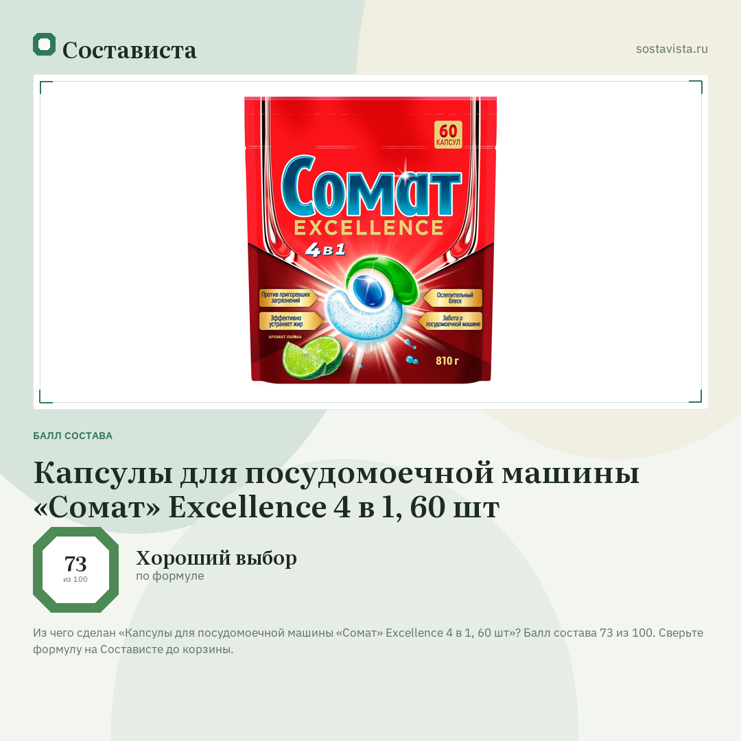 Капсулы для посудомоечной машины «Сомат» Excellence 4 в 1, 60 шт: балл состава 73 из 100 — Состависта