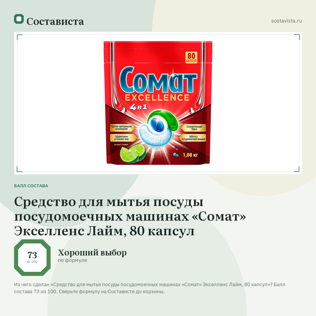Средство для мытья посуды посудомоечных машинах «Сомат» Экселленс Лайм, 80 капсул: балл состава 73 из 100 — Состависта