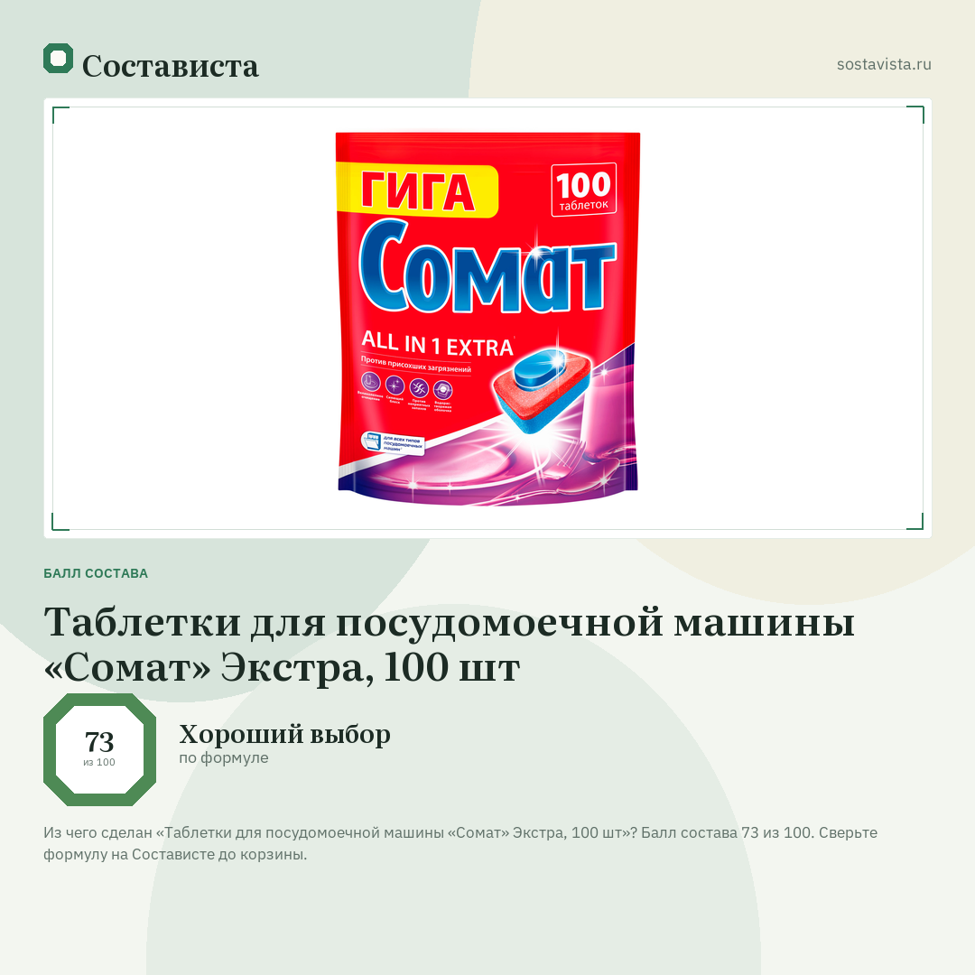 Таблетки для посудомоечной машины «Сомат» Экстра, 100 шт: балл состава 73 из 100 — Состависта