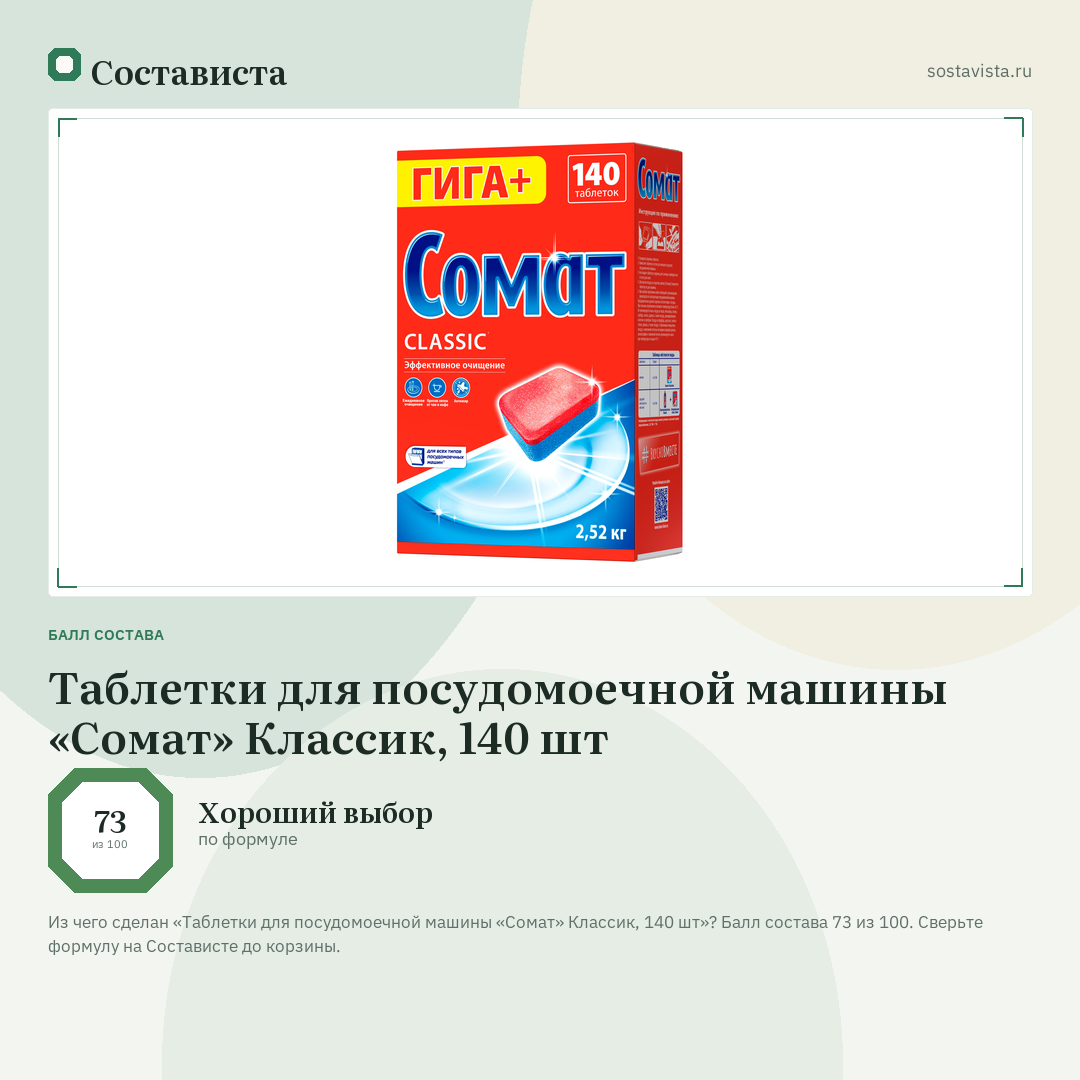 Таблетки для посудомоечной машины «Сомат» Классик, 140 шт: балл состава 73 из 100 — Состависта