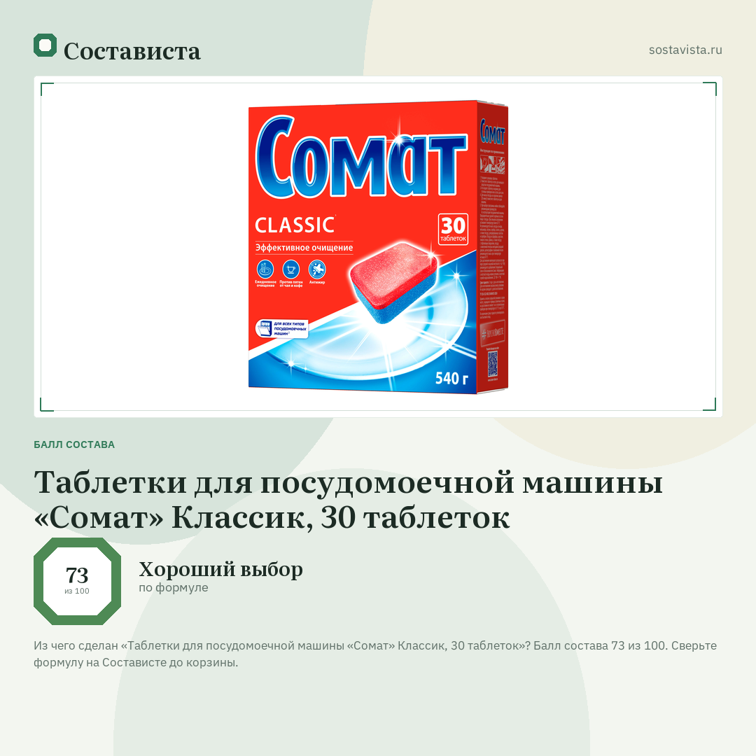 Таблетки для посудомоечной машины «Сомат» Классик, 30 таблеток: балл состава 73 из 100 — Состависта