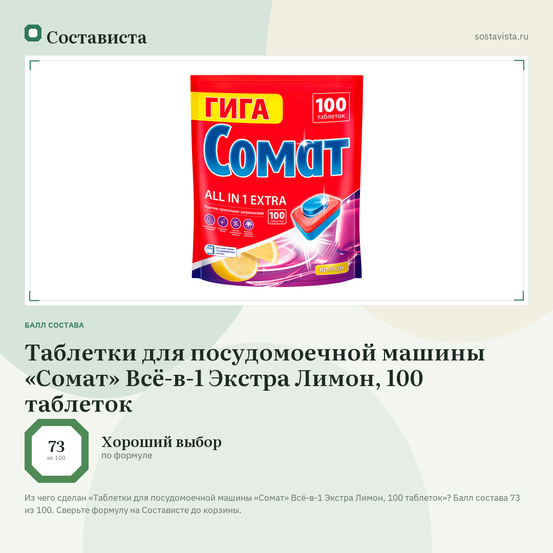 Таблетки для посудомоечной машины «Сомат» Всё-в-1 Экстра Лимон, 100 таблеток: балл состава 73 из 100 — Состависта