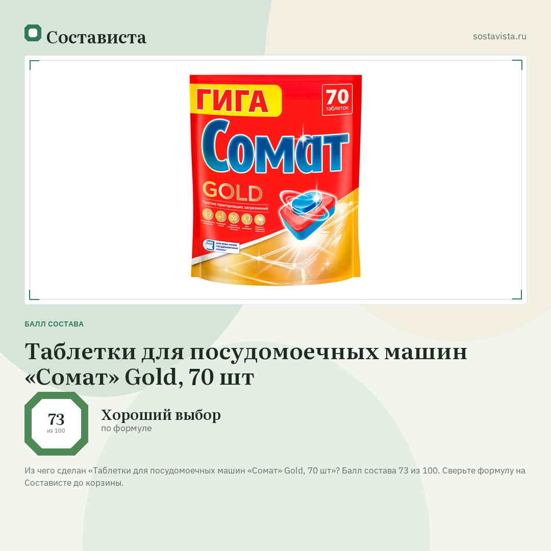 Таблетки для посудомоечных машин «Сомат» Gold, 70 шт: балл состава 73 из 100 — Состависта