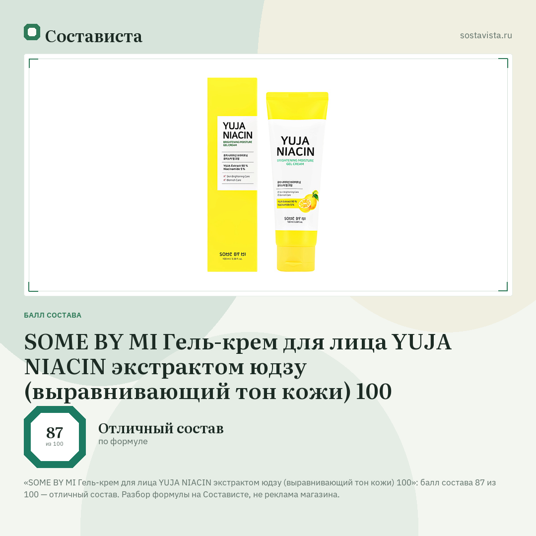 SOME BY MI Гель-крем для лица YUJA NIACIN экстрактом юдзу (выравнивающий тон кожи) 100: балл состава 87 из 100 — Состависта